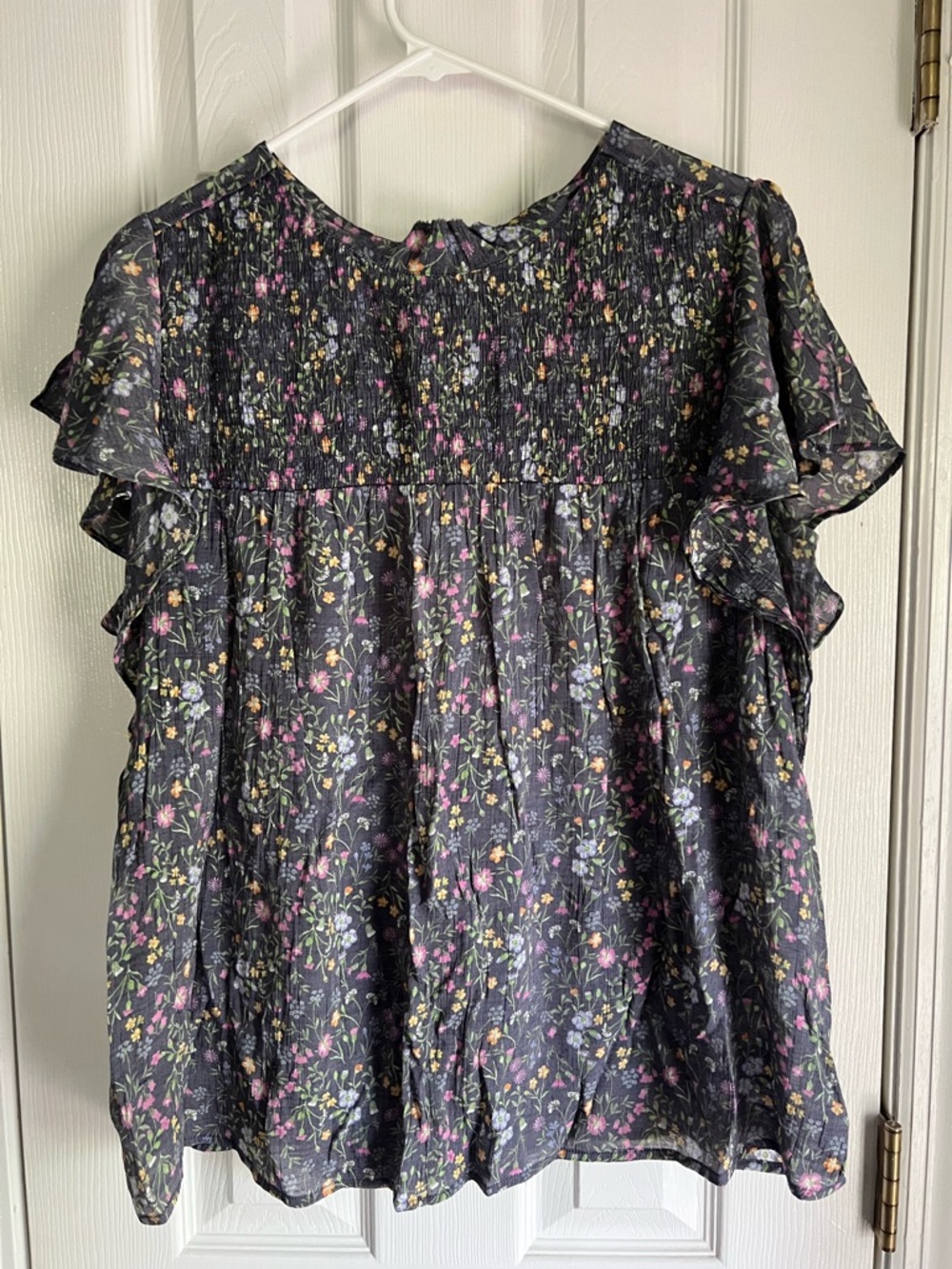 Smocked Floral Flutter Sleeve Blouse - Black/Pink